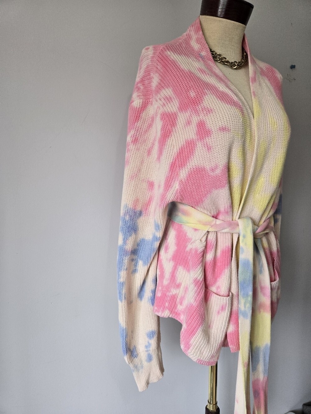 525 America Pastel Tie-Dye Cotton Knit Belted Cardigan. Size Large - Picture 5 of 13